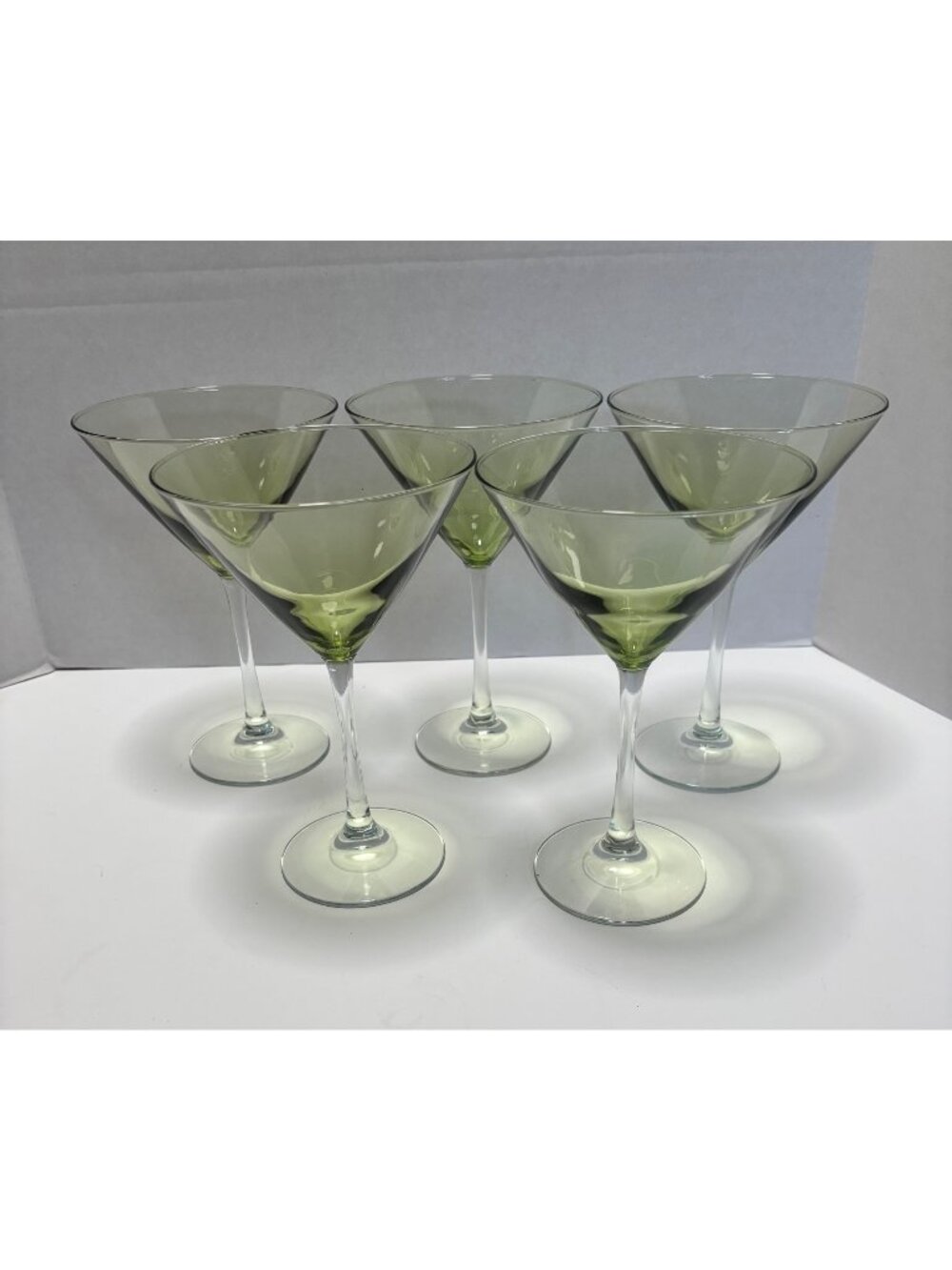 Olive Green Hand Blown Martini Glasses Elegant Stylish Barware Set Of 5 VTG 90s
